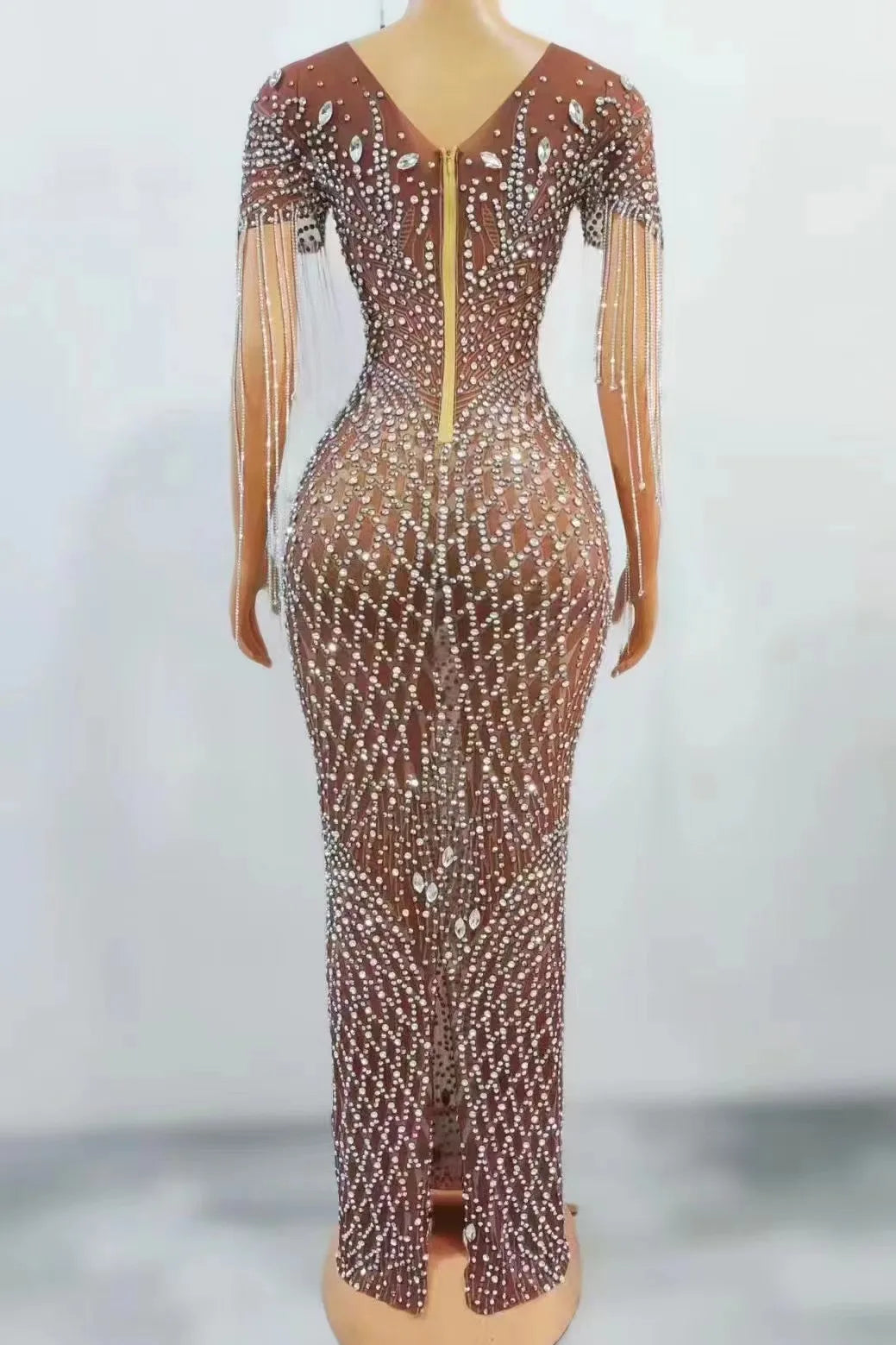 Sexy Silver Rhinestones Fringes Transparent Brown Mesh Stretch Dress Evening Birthday Celebrate Outfit Sexy Performance Dress