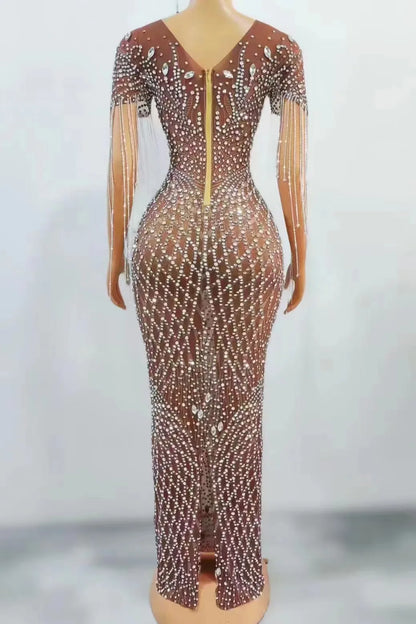 Sexy Silver Rhinestones Fringes Transparent Brown Mesh Stretch Dress Evening Birthday Celebrate Outfit Sexy Performance Dress