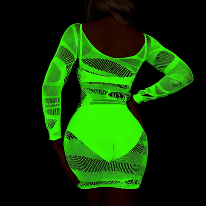 Pole Dance Clothing Luminous Glowing Lingerie Sexy Bodystocking Women Fishnet Gogo Dancer Outfit Rave Bodysuit Exotic Party