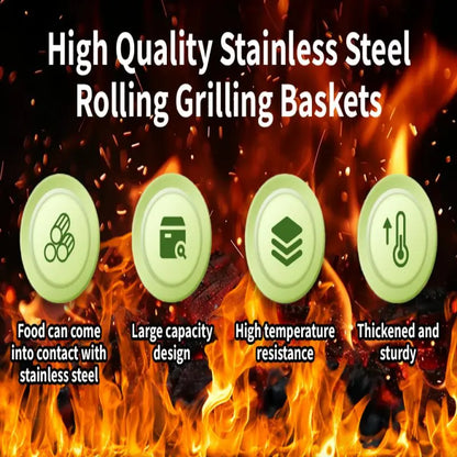 Rolling BBQ Grilling Basket Portable Bbq Vegetable Grill Basket Outdoor BBQ Accessories Round Barbecue Rack French Fries Fish