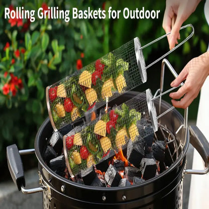 Rolling BBQ Grilling Basket Portable Bbq Vegetable Grill Basket Outdoor BBQ Accessories Round Barbecue Rack French Fries Fish