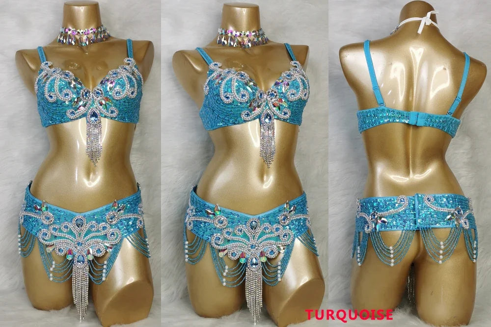 Crystal Belly Dance Costume Samba show bikini Wear Bar+Belt 2pc Set Ladies Bellydancing Costumes Carnival women gogo costumes