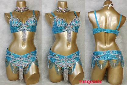 Crystal Belly Dance Costume Samba show bikini Wear Bar+Belt 2pc Set Ladies Bellydancing Costumes Carnival women gogo costumes