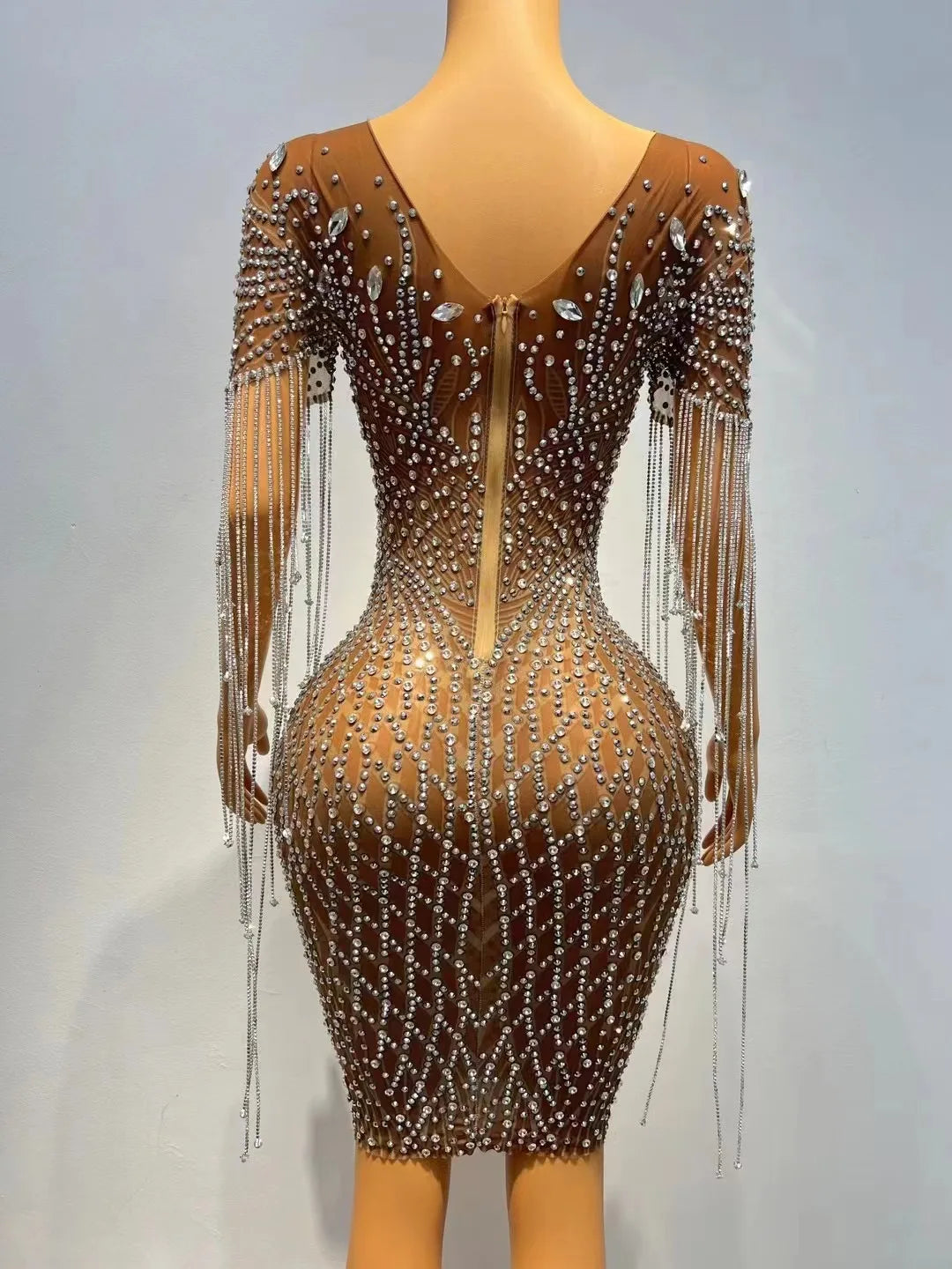 Sexy Silver Rhinestones Fringes Transparent Brown Mesh Stretch Dress Evening Birthday Celebrate Outfit Sexy Performance Dress