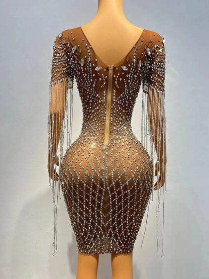Sexy Silver Rhinestones Fringes Transparent Brown Mesh Stretch Dress Evening Birthday Celebrate Outfit Sexy Performance Dress
