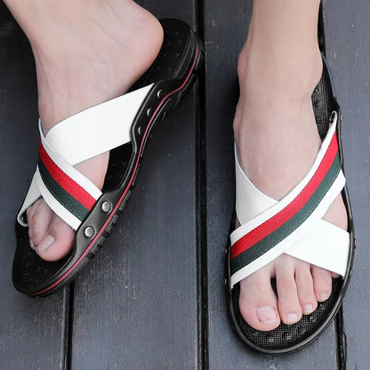 FUQIAO New Genuine Leather Men Slippers Beach Shoes Comfortable Men Summer Flat Heels Male Slides Luxury Plus Size 38-48
