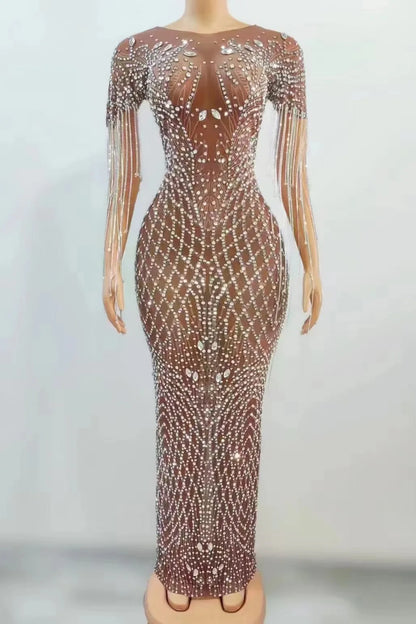 Sexy Silver Rhinestones Fringes Transparent Brown Mesh Stretch Dress Evening Birthday Celebrate Outfit Sexy Performance Dress