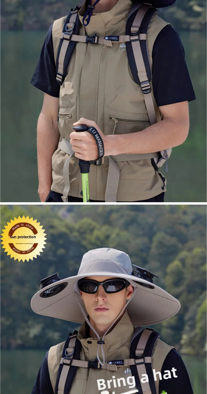 Summer New Dual Solar Fan Hat For Men Outdoor Fishing Sun Protection Visor Hat Large Brim Quick Drying Waterproof Bucket Hat