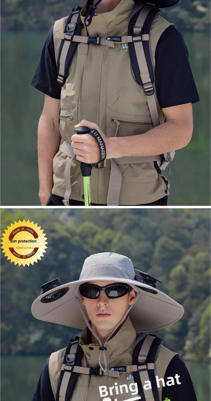 Summer New Dual Solar Fan Hat For Men Outdoor Fishing Sun Protection Visor Hat Large Brim Quick Drying Waterproof Bucket Hat