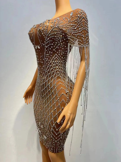 Sexy Silver Rhinestones Fringes Transparent Brown Mesh Stretch Dress Evening Birthday Celebrate Outfit Sexy Performance Dress