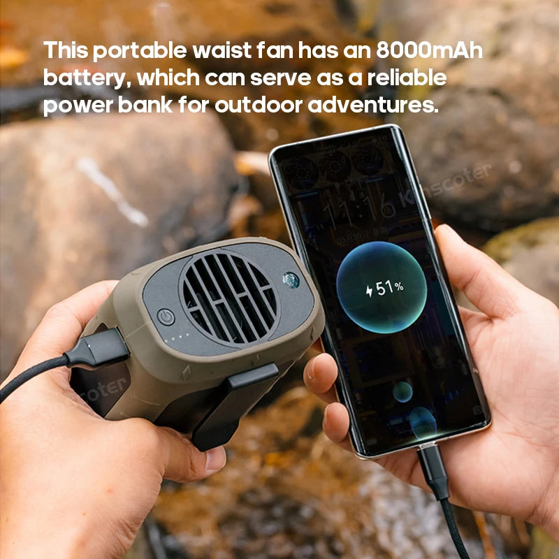 8000mAh Outdoor Waist Fan Portable Multifunctional Camping Fan Bladeless Hanging Neck Fan with Power Bank LED Lighting