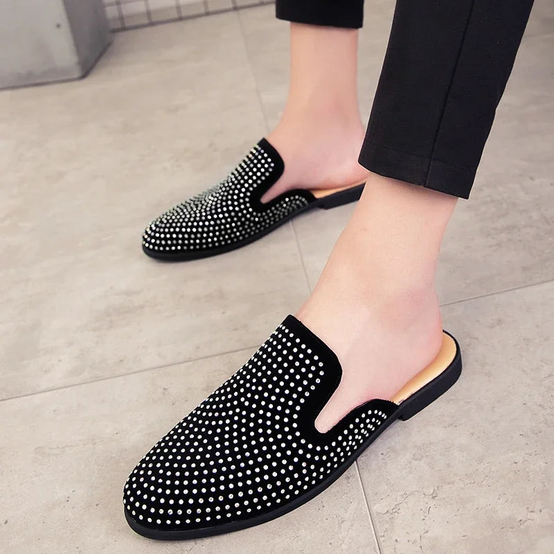 Luxury Glitter Rhinestone Leather Shoes Men Designer Outerwear Mules Casual Slides Slippers Sandals Male Fashion Shoes for Men
