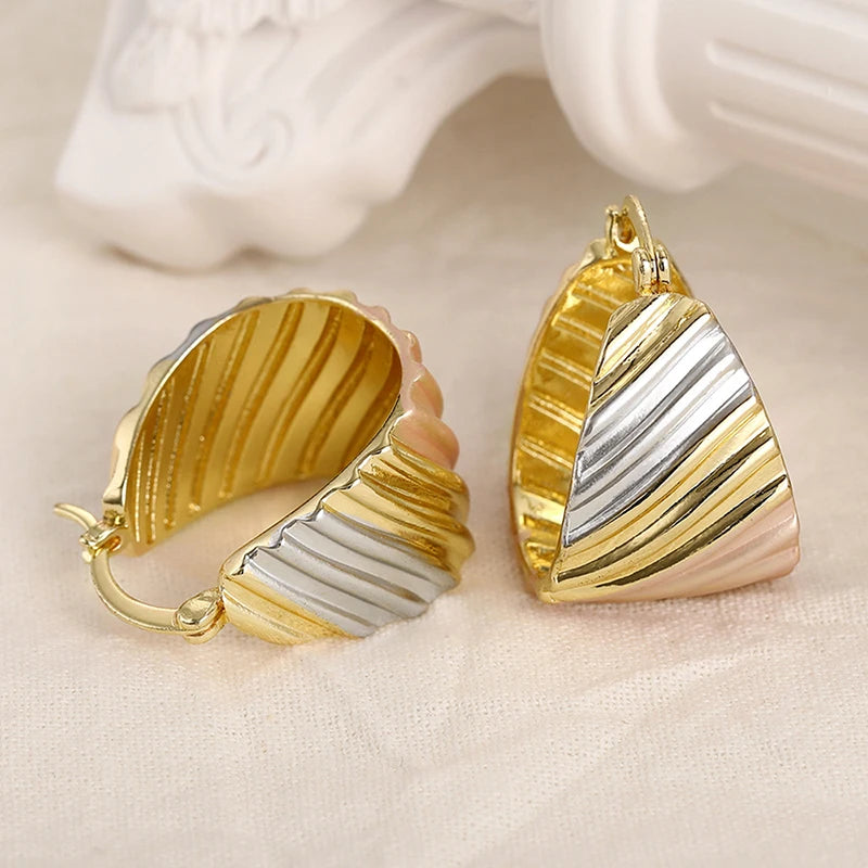 Huitan Metallic Style Wide Hoop Earrings for Women Fashion Female Party Girls Accessories Trendy Personality Jewelry Ear Rings
