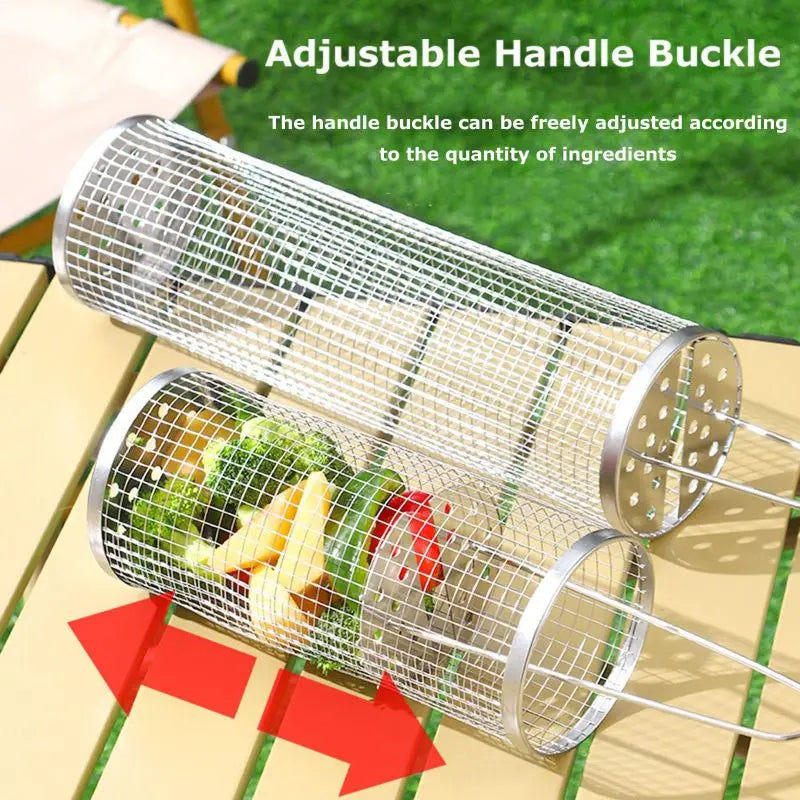 Rolling BBQ Grilling Basket Portable Bbq Vegetable Grill Basket Outdoor BBQ Accessories Round Barbecue Rack French Fries Fish