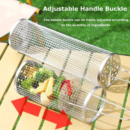 Rolling BBQ Grilling Basket Portable Bbq Vegetable Grill Basket Outdoor BBQ Accessories Round Barbecue Rack French Fries Fish