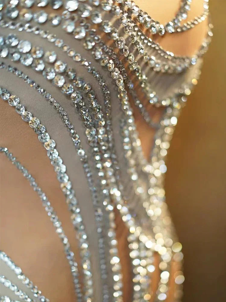 Sexy See Through Mesh Women Party Dress Birthday Sparkly Rhinestones Dinner Evening Dress Photo Shoot Sing Performance Costume