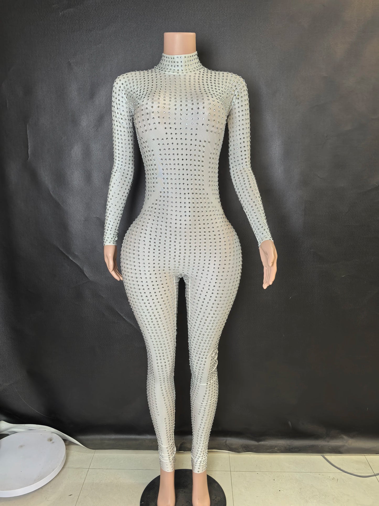 Sparkly Long Sleeve Crystal Rompers Pole DanceBodycon Bodysuits Stage Performance WearWomen Party One Piece Jumpsuits  7G