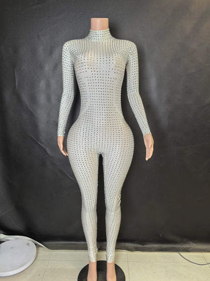 Sparkly Long Sleeve Crystal Rompers Pole DanceBodycon Bodysuits Stage Performance WearWomen Party One Piece Jumpsuits  7G
