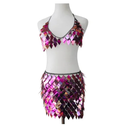Sequins Skirt Set Women Festival Party Rave Outfit Backless Sexy Body Chain Nightclub Gogo Dancer Costume Summer Beach Wear Jazz