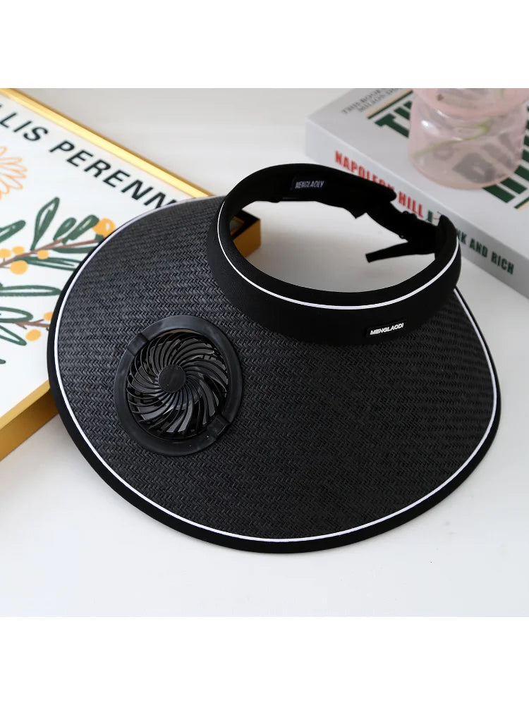 Wide Brim Sun Hat With Built-in Fan Summer Cap Outdoor Straw Visor Hat With Solar/USB Powered Fan For Camping Fishing Hiking