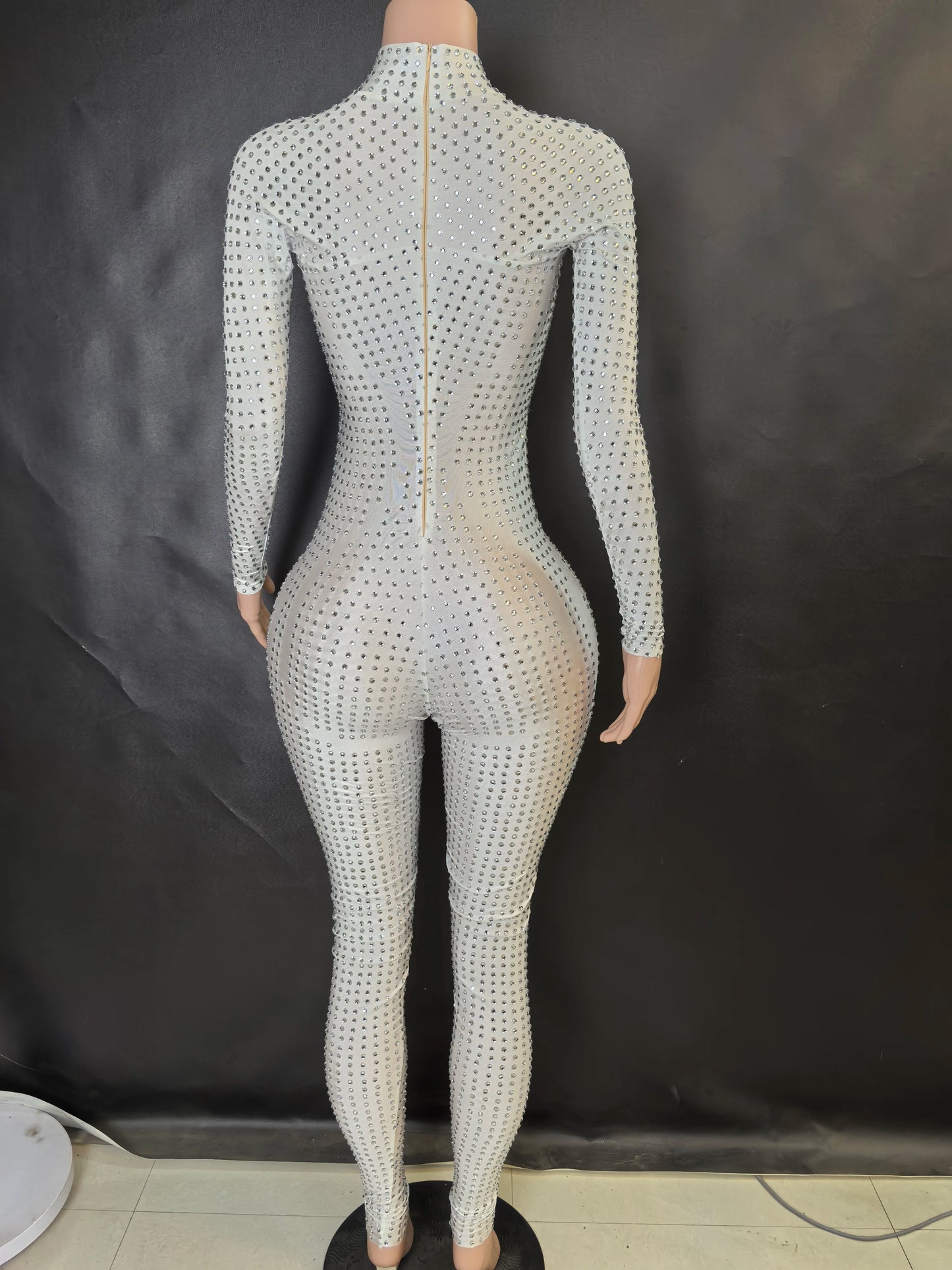 Sparkly Long Sleeve Crystal Rompers Pole DanceBodycon Bodysuits Stage Performance WearWomen Party One Piece Jumpsuits  7G