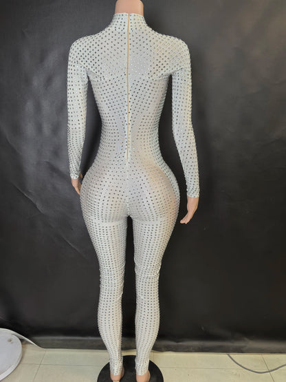 Sparkly Long Sleeve Crystal Rompers Pole DanceBodycon Bodysuits Stage Performance WearWomen Party One Piece Jumpsuits  7G