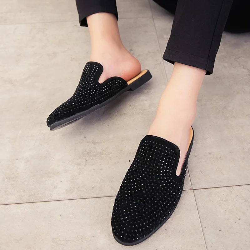 Luxury Glitter Rhinestone Leather Shoes Men Designer Outerwear Mules Casual Slides Slippers Sandals Male Fashion Shoes for Men