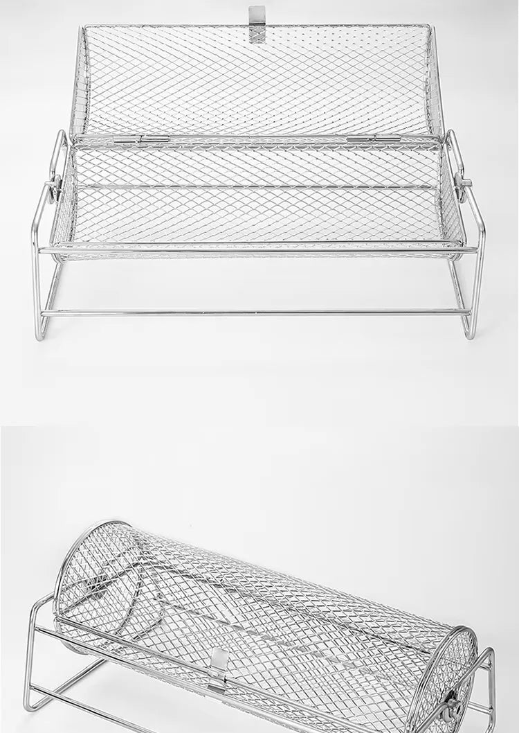 Stainless Steel Rolling BBQ Grill Mesh Basket Grill Rotisserie Basket roll Barbecue cage Roaster