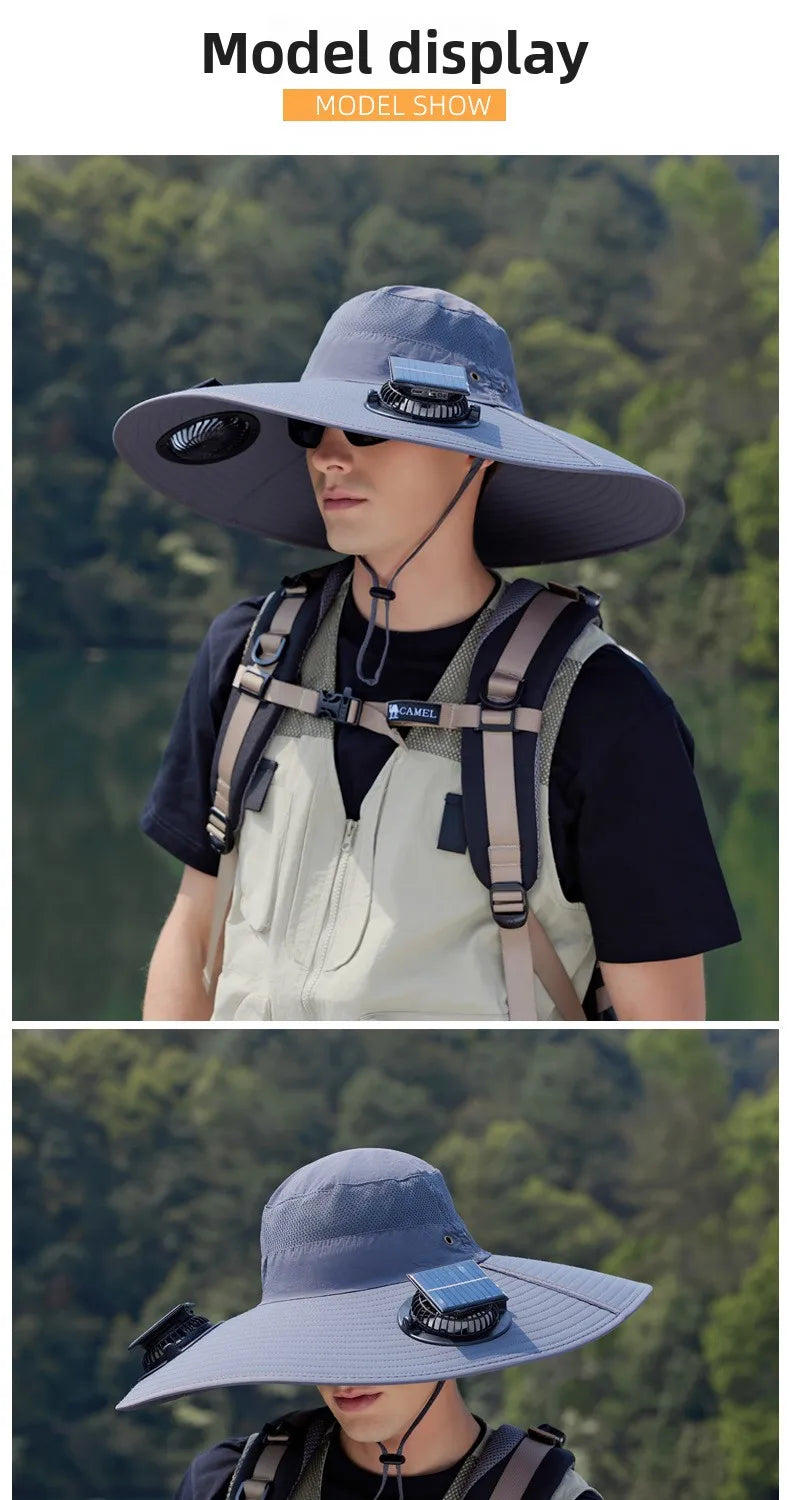Summer New Dual Solar Fan Hat For Men Outdoor Fishing Sun Protection Visor Hat Large Brim Quick Drying Waterproof Bucket Hat