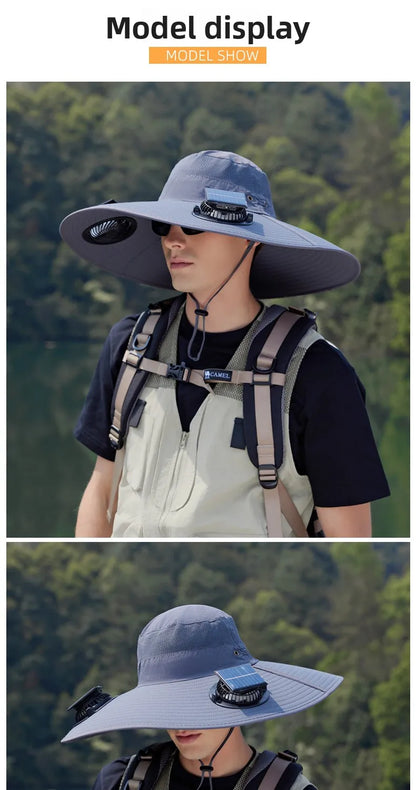 Summer New Dual Solar Fan Hat For Men Outdoor Fishing Sun Protection Visor Hat Large Brim Quick Drying Waterproof Bucket Hat