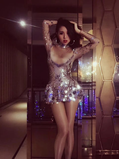 Women's Sexy Stage Rhinestones Mirrors Bodysuit Birthday Celebrate Party Outfit Singer Dancer Show Leotard Performance Costume
