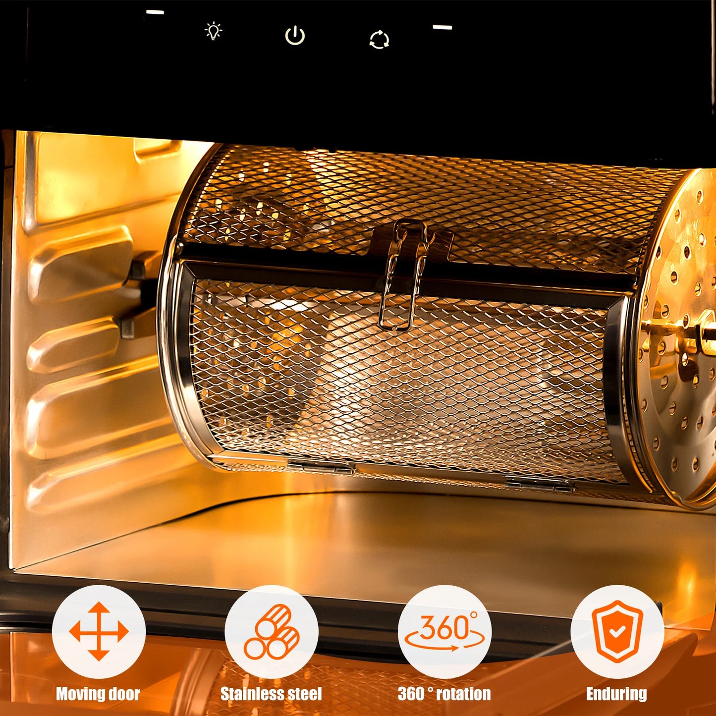 Rotisserie Basket 360° Rotated Stainless Steel Rotisserie Grill Roaster Non-Stick Washable Heat Resistant Oven Round Rack Basket