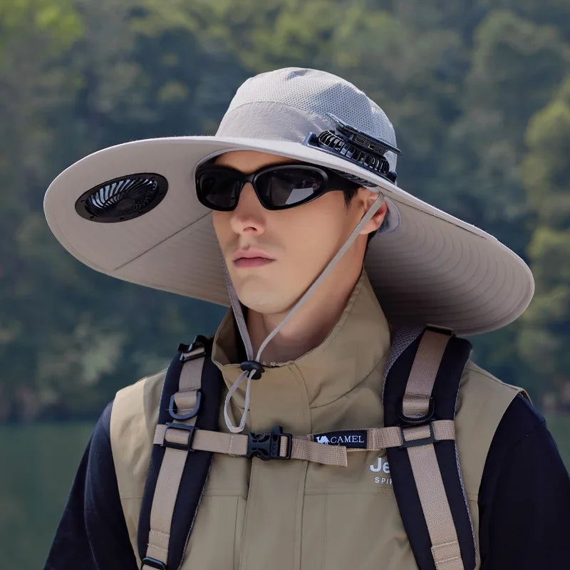 Summer New Dual Solar Fan Hat For Men Outdoor Fishing Sun Protection Visor Hat Large Brim Quick Drying Waterproof Bucket Hat