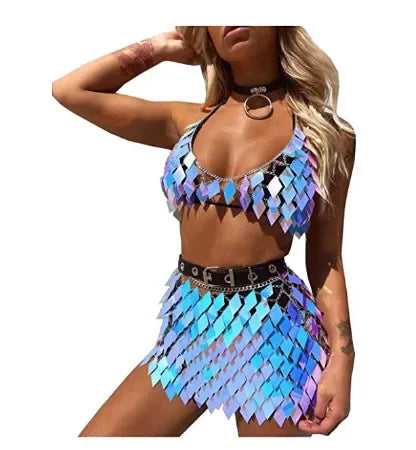 Sequins Skirt Set Women Festival Party Rave Outfit Backless Sexy Body Chain Nightclub Gogo Dancer Costume Summer Beach Wear Jazz