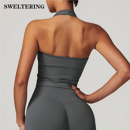 Hanging Neck Bra Sports Bra Seamless Sports Underwear Bra Open Back Fitness Yoga Top Bras Support Women Workout Gym Crop Top