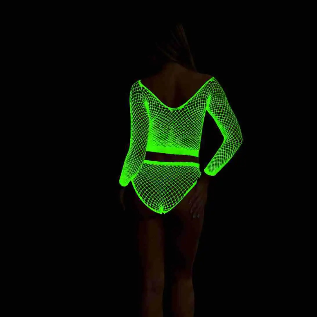 Pole Dance Clothing Luminous Glowing Lingerie Sexy Bodystocking Women Fishnet Gogo Dancer Outfit Rave Bodysuit Exotic Party