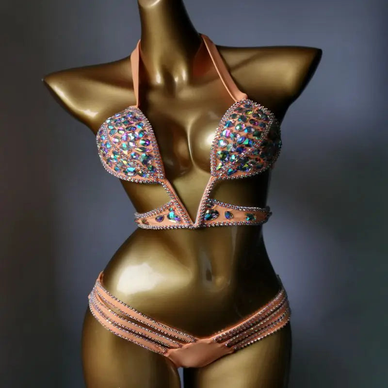 Nightclub Bar Sexy Rhinestones Bikini Set Pole Dance Costume Women Club Party DJ DS Dancer Performance Rave Outfit Diamond Bra