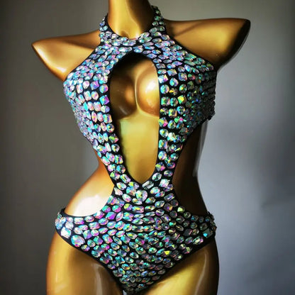 Sexy Backless Rhinestones Beaded Bodysuit Nightclub DJ Pole Dance Crystal Leotard Dancer Party Rave Stage Performance Costume