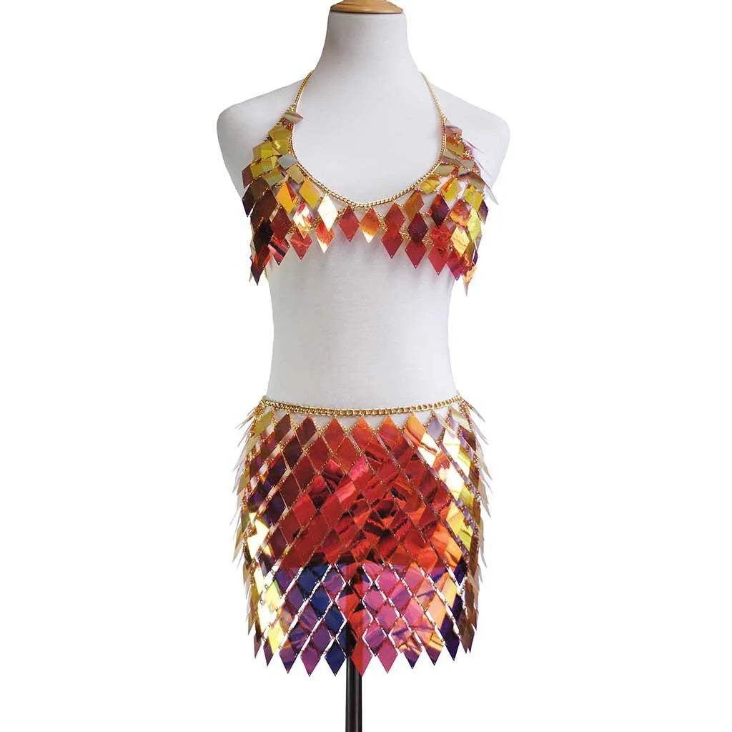 Sequins Skirt Set Women Festival Party Rave Outfit Backless Sexy Body Chain Nightclub Gogo Dancer Costume Summer Beach Wear Jazz