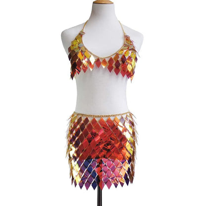 Sequins Skirt Set Women Festival Party Rave Outfit Backless Sexy Body Chain Nightclub Gogo Dancer Costume Summer Beach Wear Jazz