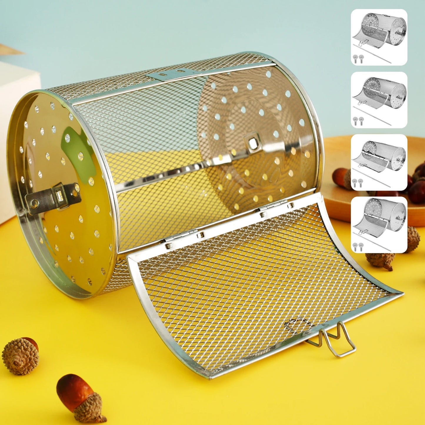 Rotisserie Basket 360° Rotated Stainless Steel Rotisserie Grill Roaster Non-Stick Washable Heat Resistant Oven Round Rack Basket