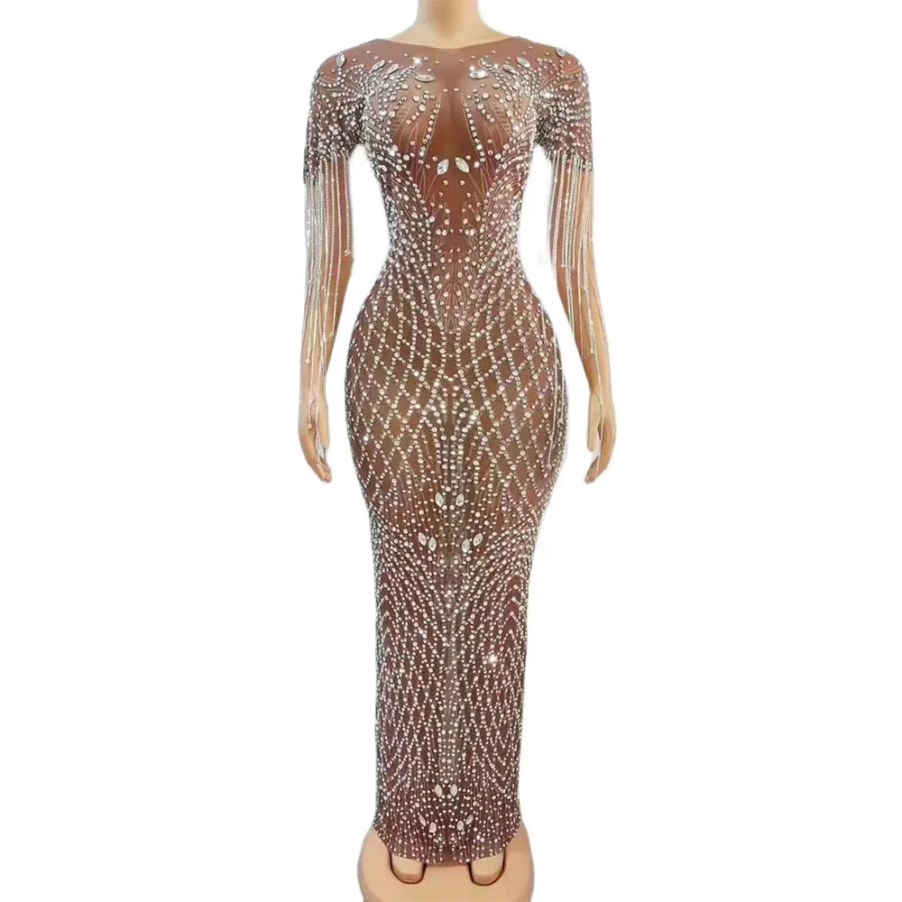 Sexy Silver Rhinestones Fringes Transparent Brown Mesh Stretch Dress Evening Birthday Celebrate Outfit Sexy Performance Dress