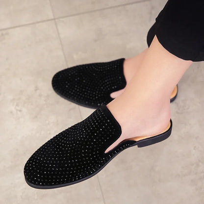 Luxury Glitter Rhinestone Leather Shoes Men Designer Outerwear Mules Casual Slides Slippers Sandals Male Fashion Shoes for Men