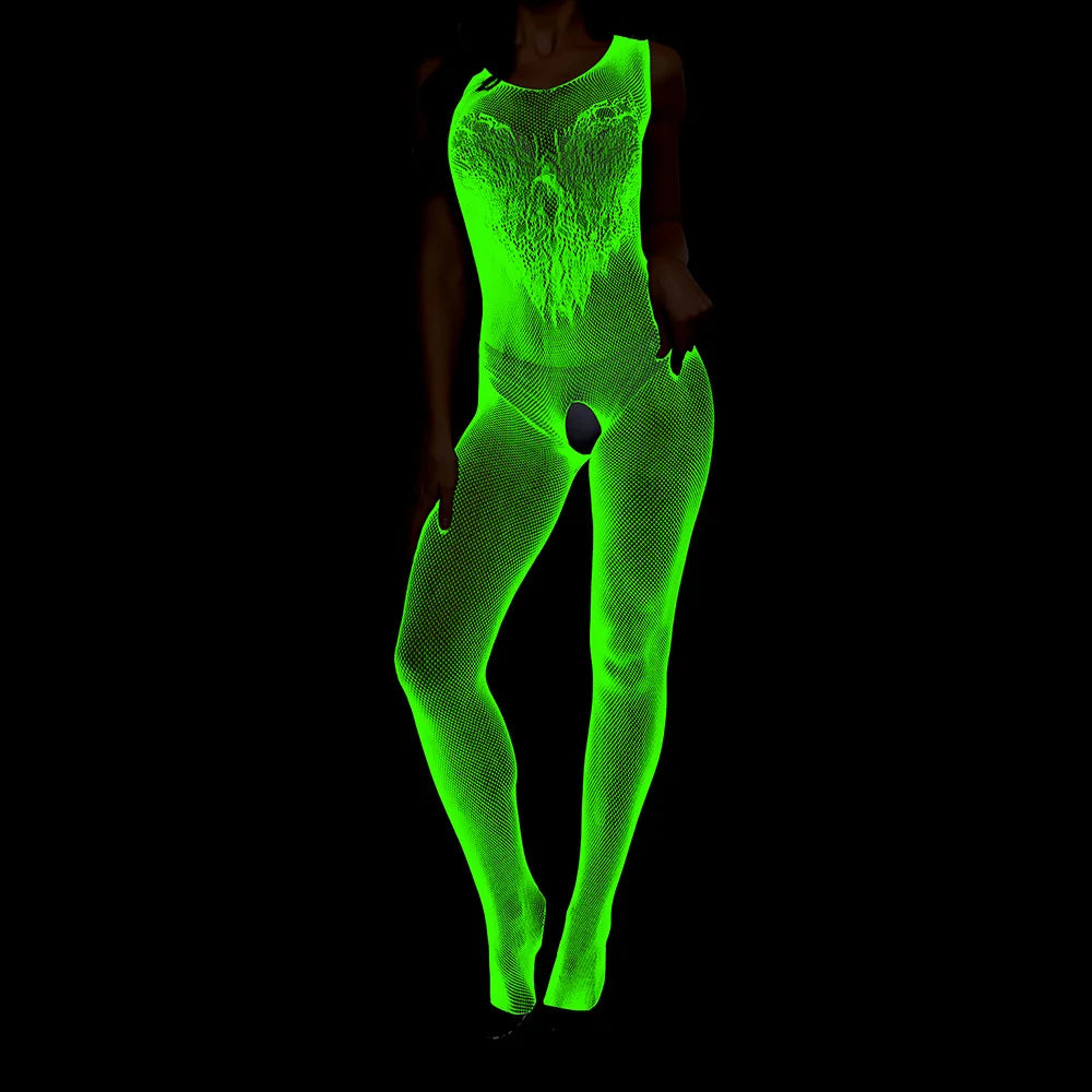 Pole Dance Clothing Luminous Glowing Lingerie Sexy Bodystocking Women Fishnet Gogo Dancer Outfit Rave Bodysuit Exotic Party