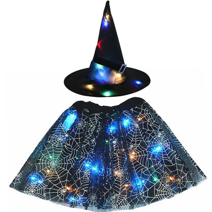 Women Kids Girl Luminous LED Glow Light Up Elf Witch Hat Star Skirt Spider Web Tutu Wizard Costume Party Gift Halloween Festival