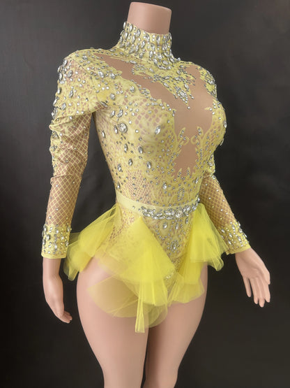 Sparkly Rhinestones Bodysuit Women ElasticPink Mesh Ruffles Crystal Leotard NightclubDancer Costume Stage Wear Party Outfit 7G