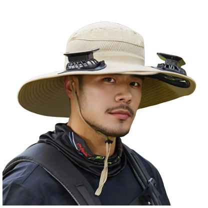Mens Wide Brim Solar Fan Hat Outdoor 50+Upf Protection Sun Hats With 2 Solar Fan Hiking Fishing Solar Powered Visor Cap Dropping
