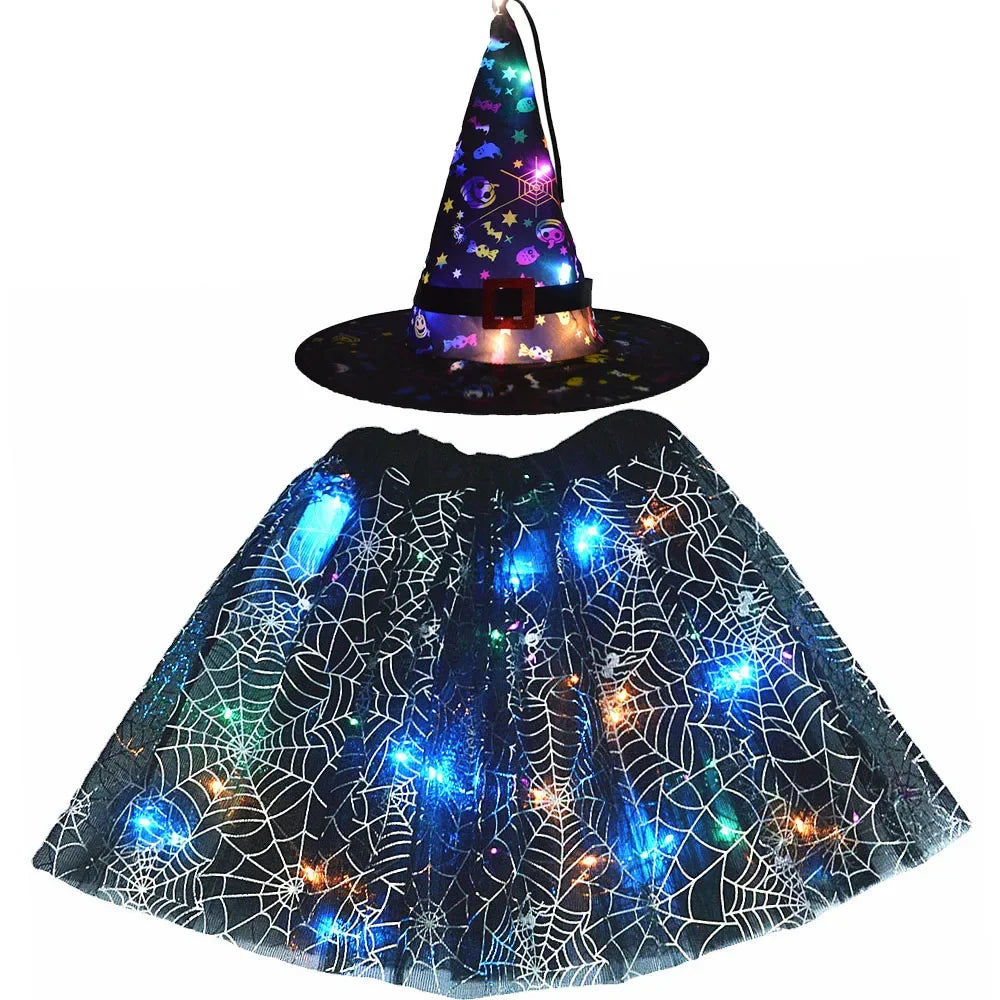 Women Kids Girl Luminous LED Glow Light Up Elf Witch Hat Star Skirt Spider Web Tutu Wizard Costume Party Gift Halloween Festival