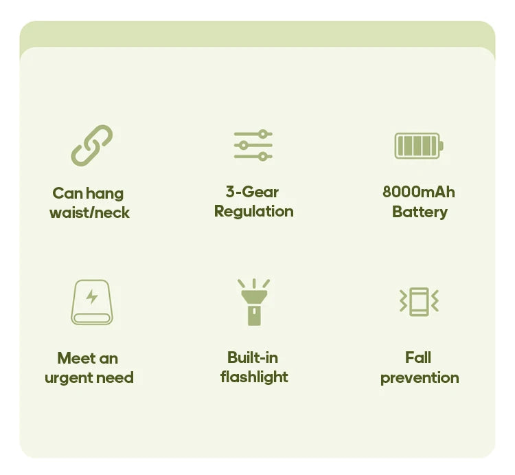 8000mAh Outdoor Waist Fan Portable Multifunctional Camping Fan Bladeless Hanging Neck Fan with Power Bank LED Lighting