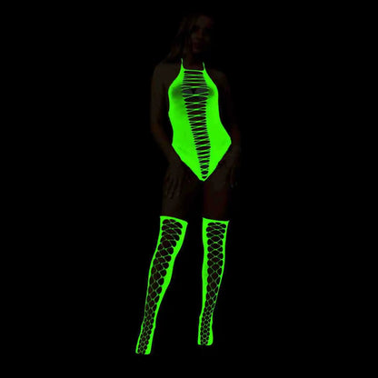 Pole Dance Clothing Luminous Glowing Lingerie Sexy Bodystocking Women Fishnet Gogo Dancer Outfit Rave Bodysuit Exotic Party